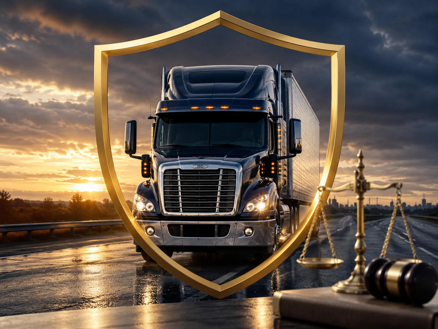 Commercial truck protected by legal support and a shield of justice